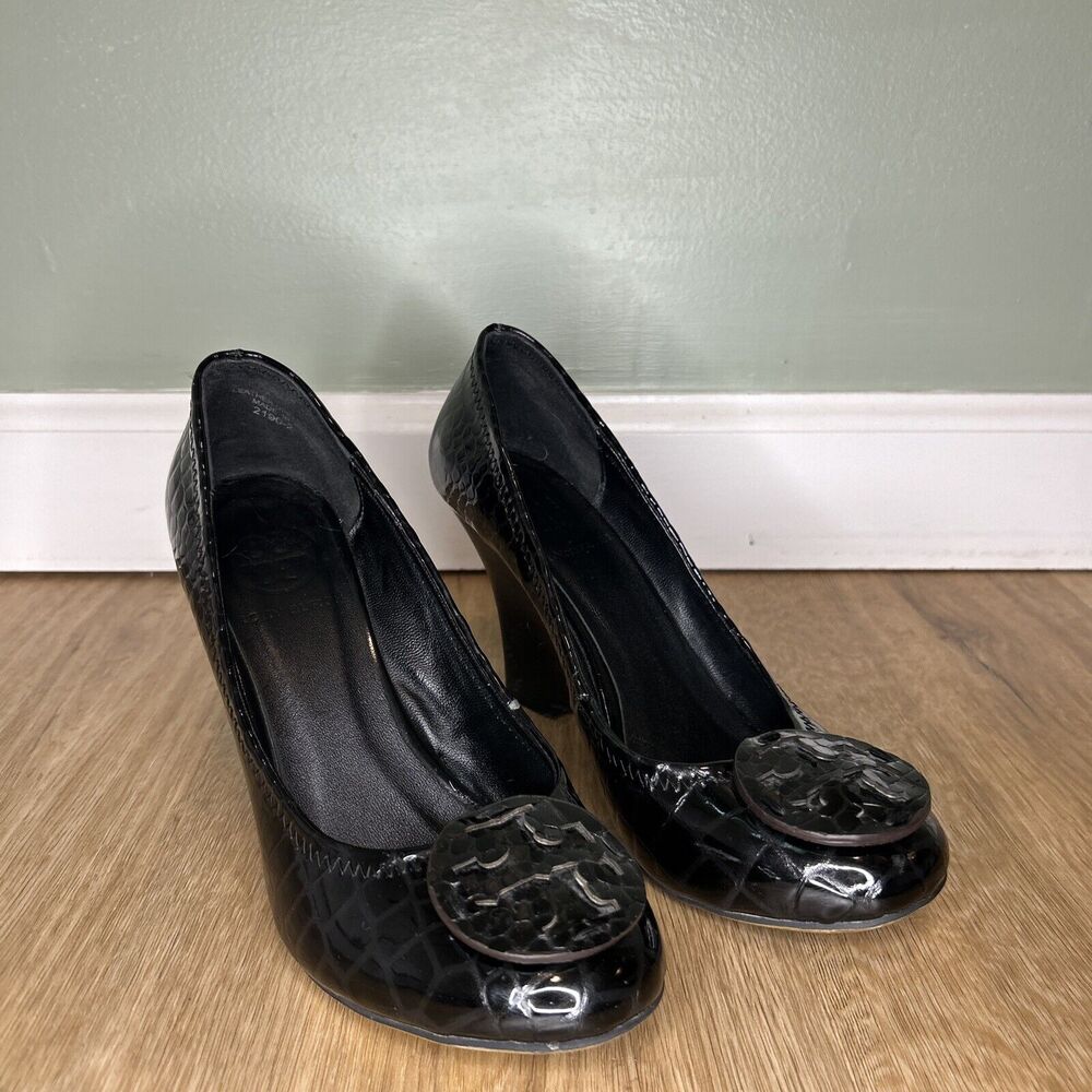 Tory Burch Women’s 37 US 7 Wedge Heels Black Patent Leather Croc Embossed Logo